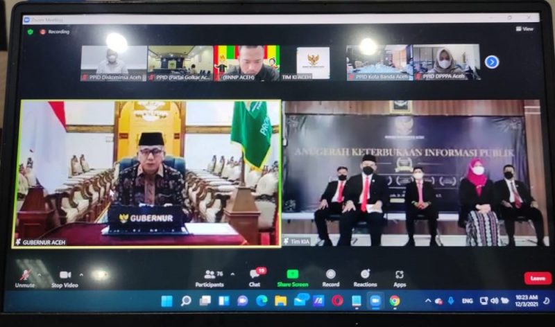 Gubernur Aceh ikut pada kegiatan Komisi Informasi Aceh (KIA) Anugerah Keterbukaan Informasi Publik Tahun 2021 yang digelar secara virtual di Banda Aceh
