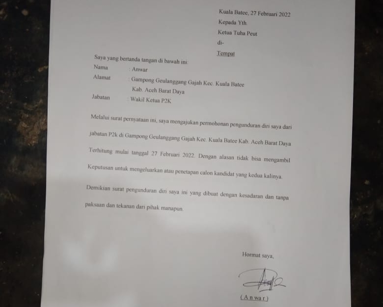 Salah satu surat pengunduran diri anggota P2K Geulanggang Gajah 