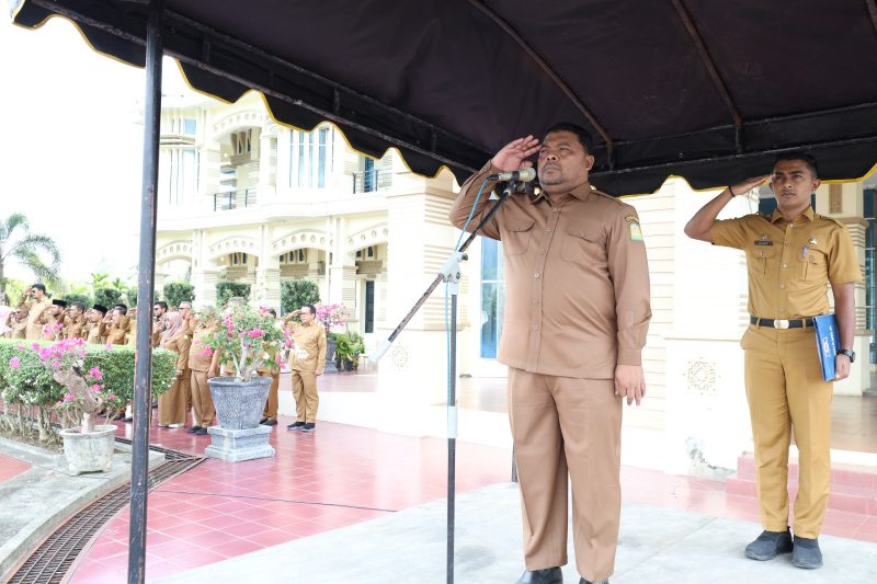 Pj Bupati Aceh Besar Muhammad Iswanto, S.STP MM yang diwakili Sekdakab Aceh Besar Drs Sulaimi, M.Si bertindak selaku Pembina Apel Gabungan Organisasi Perangkat Daerah dalam rangka peringatan Harkopnas ke-76 tahun 2023 di halaman Kantor Bupati Aceh Besar, Senin (10/7/2023).