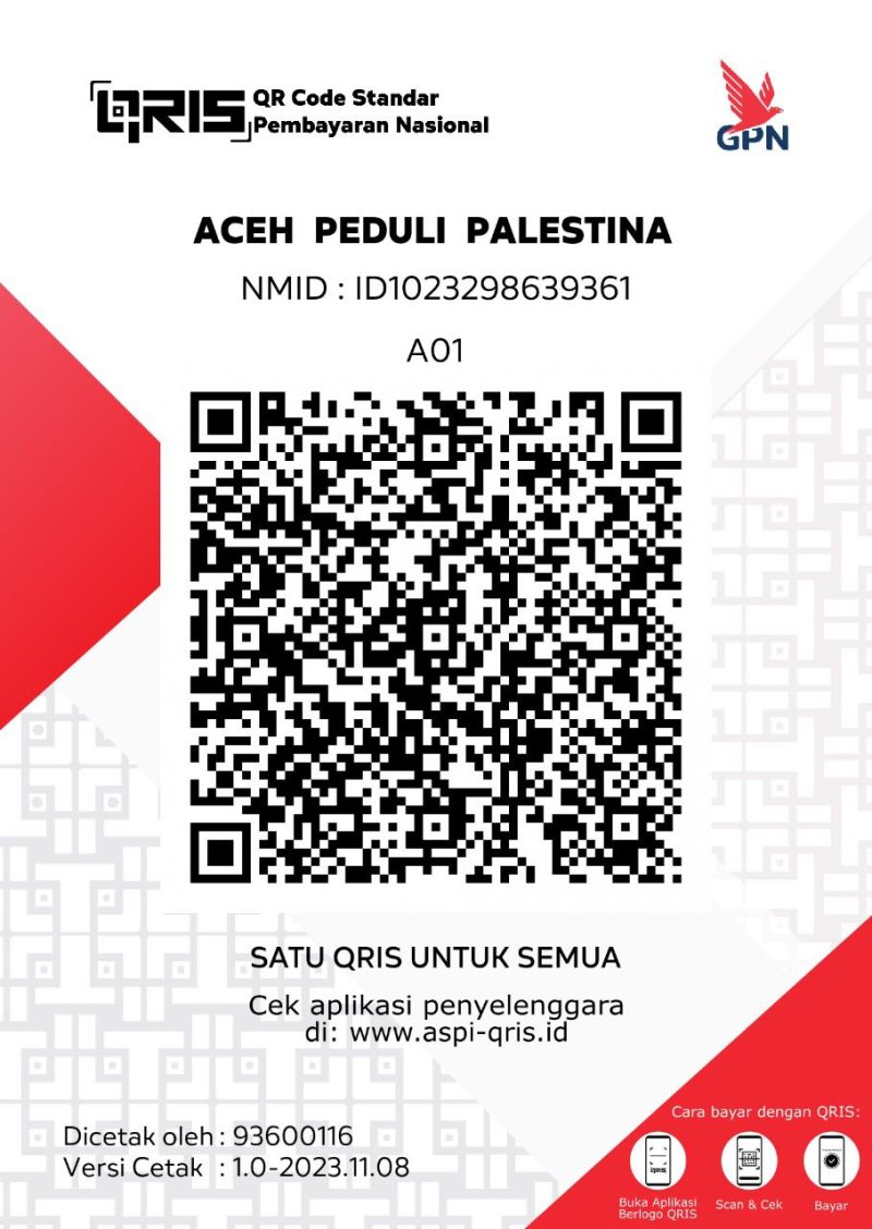 Layanan QRIS “Aceh Peduli Palestina” untuk lebih memudahkan, cepat, dan praktis bagi yang akan bersonasi.