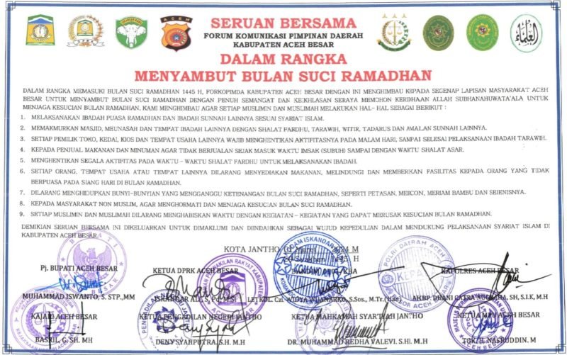 Forkopimda Aceh Besar Keluarkan Seruan Bersama Tata Laksana Ibadah Selama Ramadhan. 