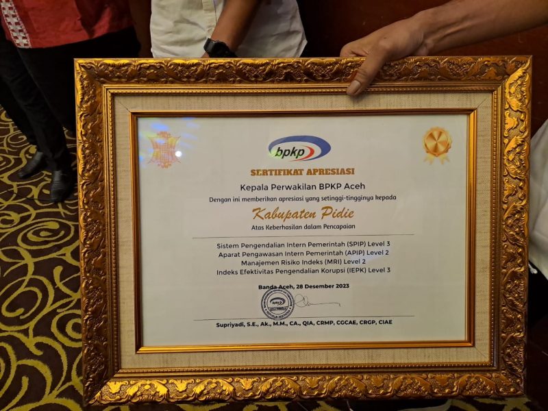 Pemkab Pidie Dapat Penghargaan Dari BPKP Aceh Atas Pencapaian SPIP Level 3, APIP Level 2, MRI Level 2, dan IEPK Level 3.
