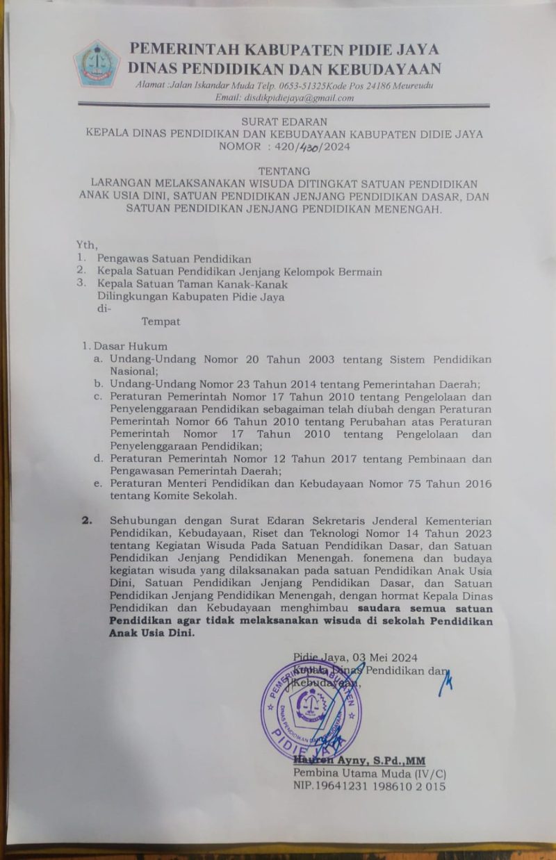 Surat Edaran larang Wisuda yang di keluarkan oleh Kepala Disdikbud Pidie Jaya Hauren Ayny, S.Pd. MM, tertanggal 3 mei 2024, Selasa (7/5/2024), (Dokumen |Muhammad Rissan/NOA.co.id)