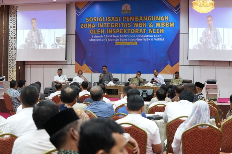 Dinas Pendidikan Aceh (Disdik Aceh) saat menggelar sosialisasi pembangunan Zona Integritas Wilayah Bebas dari Korupsi (WBK) dan Wilayah Birokrasi Bersih dan Melayani (WBBM) bersama Inspektorat Aceh. Foto/NOA.co.id
