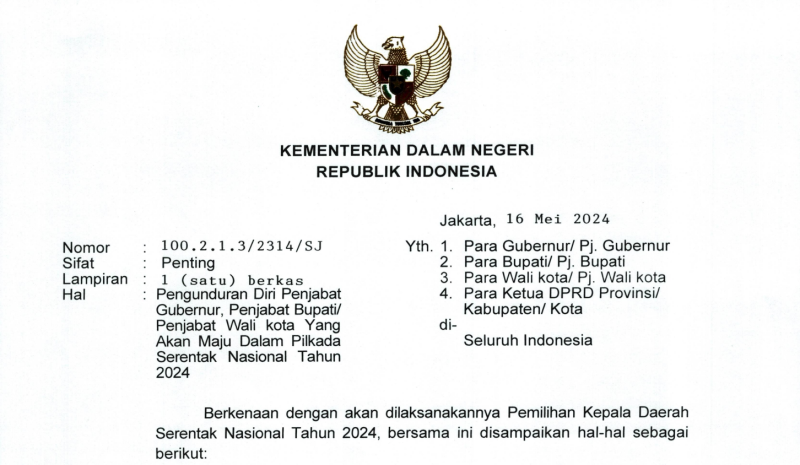Potongan salinan surat Kementerian Dalam Negeri soal penjabat gubenur/bupati maju Pilkada 2024. Foto: Tangkapan Layar/NOA.co.id