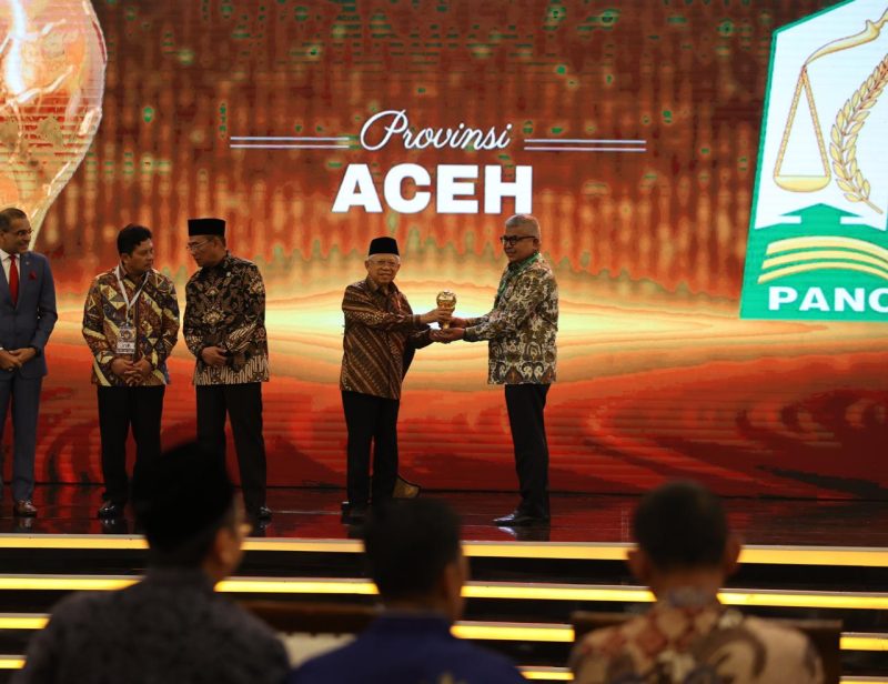Penjabat Gubernur Aceh Bustami Hamzah menerima penghargaan Universal Health Coverage (UHC) yang diserahkan langsung oleh Wakil Presiden Republik Indonesia Prof. Dr. (H.C.) K.H. Ma’ruf Amin di The Krakatau Grand Ballroom, Taman Mini Indonesia Indah, Jakarta, Kamis (08/08/2024). Foto: Humas Aceh 