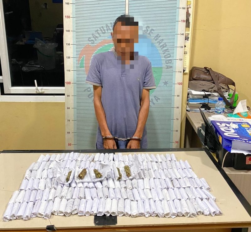 Pelaku dan Barang bukti ganja 195 pakek saat diamankan Sat Resnarkoba Polres Pidie Jaya. Foto: Muhammad Rissan/NOA.co.id