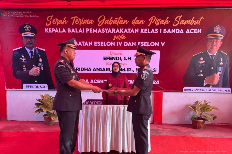 Serah terima jabatan Kepala Bapas Kelas I Banda Aceh, Kamis (5/9/2024). (Foto : Humas Kanwil Kemenkumham Aceh).