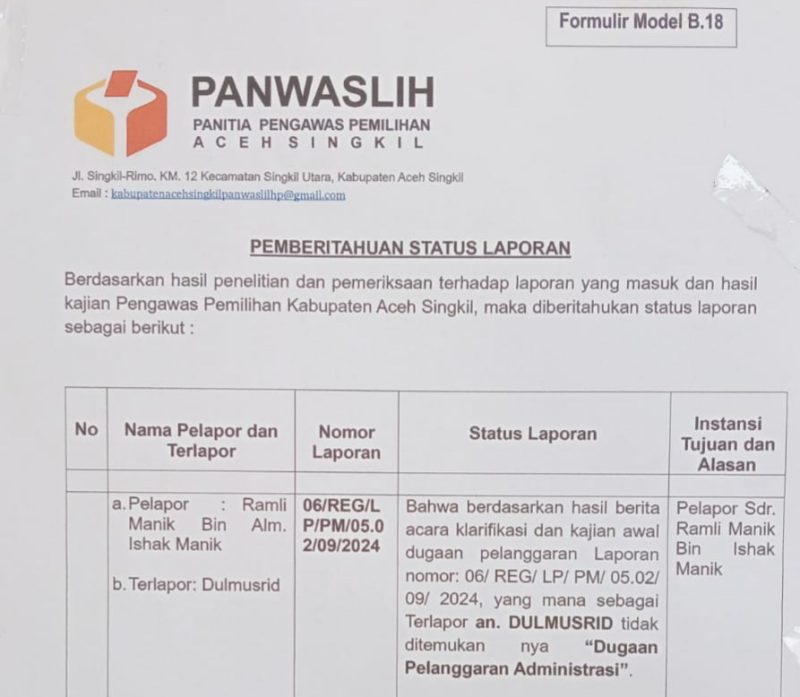 laporan Panwaslih Kabupaten Aceh Singkil terkait Dugaan Pelangaran admistrasi, Aceh Singkil Minggu (6/10/2024). (Foto : Sakdam Husen/NOA.co.id).