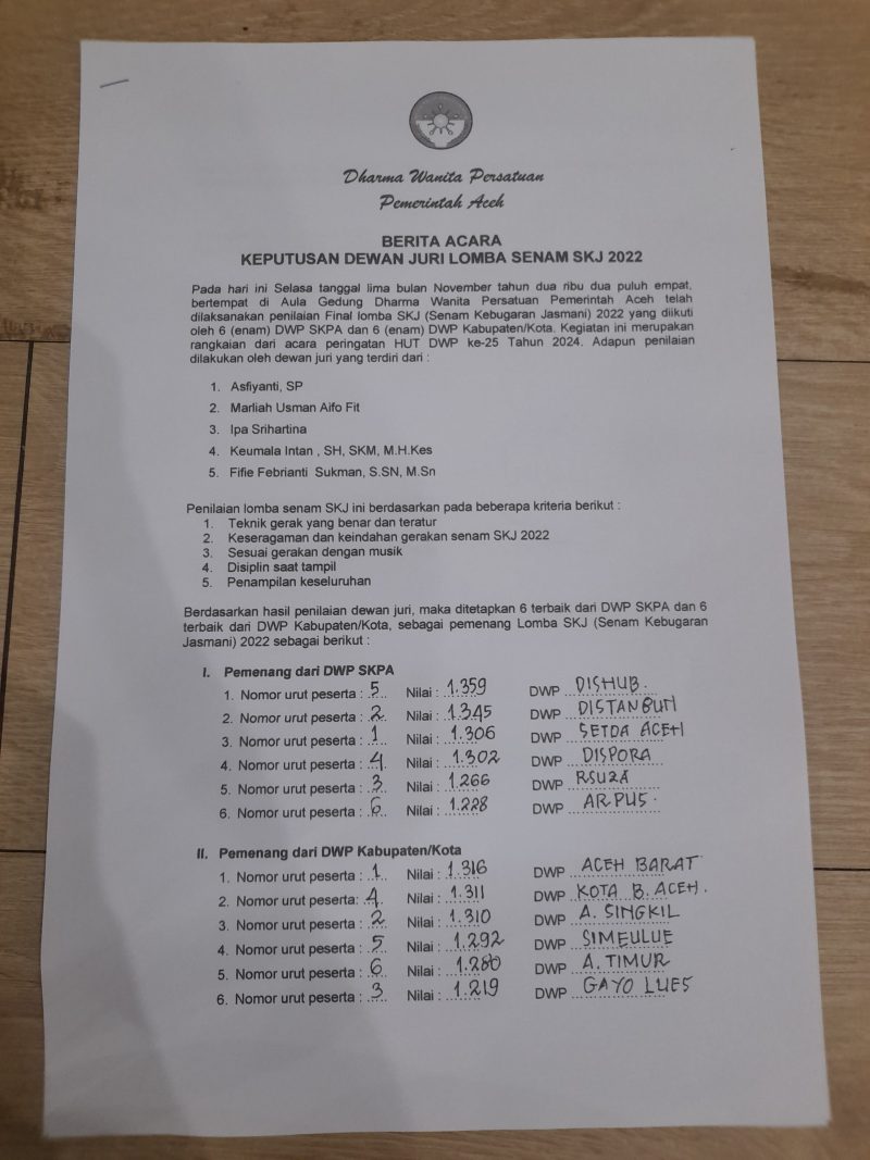 DWP Aceh Barat Raih Juara Pertama Lomba Senam SKJ 2022 Tingkat Provinsi. Foto: dok. Diskominsa Aceh Barat