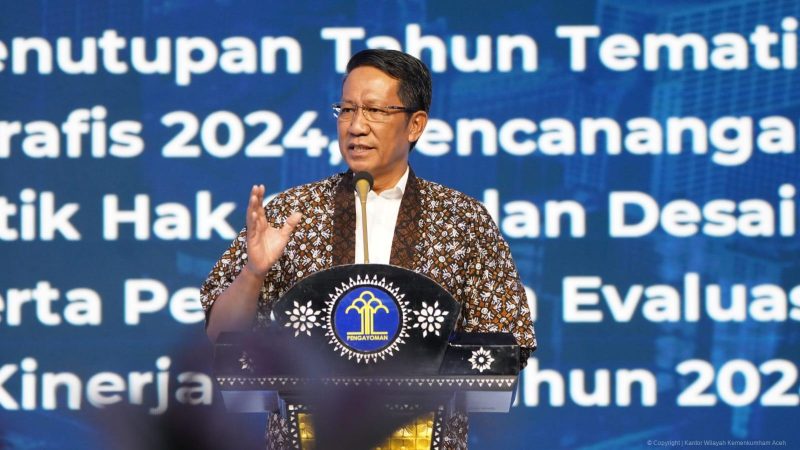 Menteri Hukum, Supratman Andi Agtas saat Acara Penutupan Tahun Tematik Indikasi Geografis dan Pencanangan Tahun Hak Cipta dan Desain Industri di Hotel Shangri-La , Jakarta, Senin (2/11/2024). (Foto : Kemenkum).