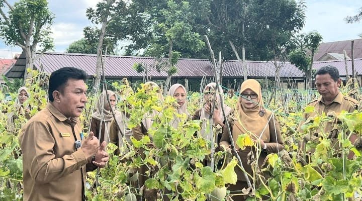 Kacabdisdik Wilayah Banda Aceh dan Aceh Besar, Syarwan Joni didampingi Kepala SLBN Pembina Provinsi Aceh, Yossi Noviangi dan deean guru memanen buah melon di kebun sekolah setempat. Foto: Ist.