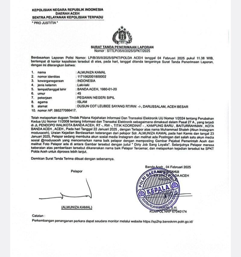 Surat Tanda Terima Laporan Polisi. Foto: Dok. Polda Aceh