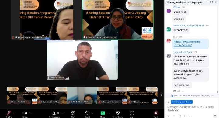 BP3MI Aceh Saat Sharing session via zoom meeting bersama calon peserta untuk program G to G Jepang Batch XIX , Banda Aceh, Jumat (21/2/2025). (Foto : BP3MI Aceh).