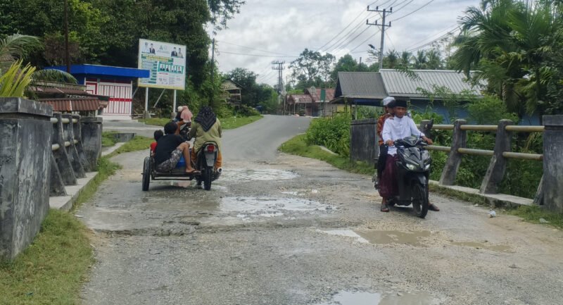 Potret jembatan yang berlubang di desa Busung Indah Kecamatan Teupah Tengah. Foto:Dok. Argam/Noa.co.id