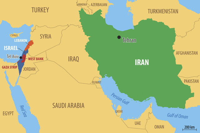 Ilustrasi peta Iran dan Israel. Foto: Shutterstock