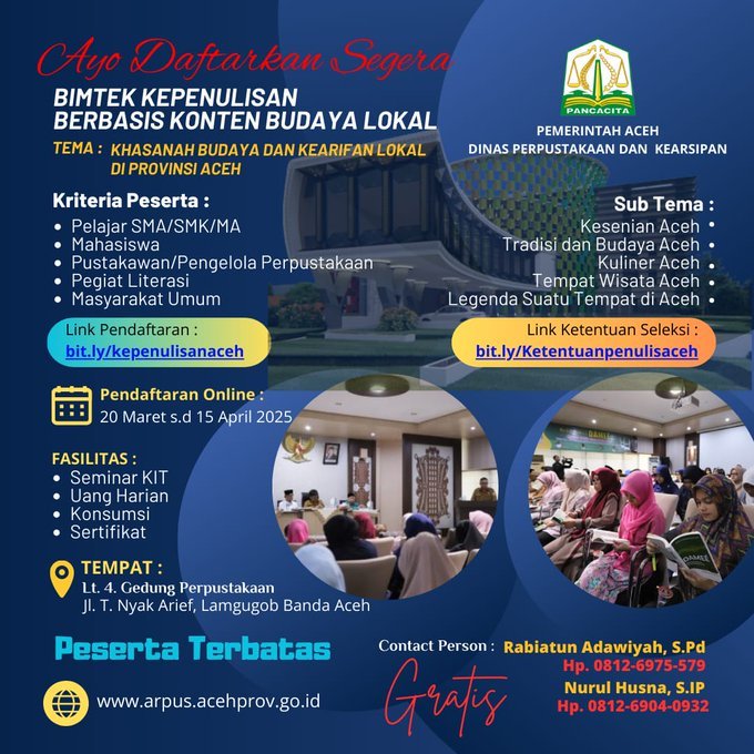 DPKA Gelar Bimtek Kepenulisan Berbasis Budaya Lokal untuk 60 Peserta Terpilih. Foto: Dok. Dinas Arpus Aceh