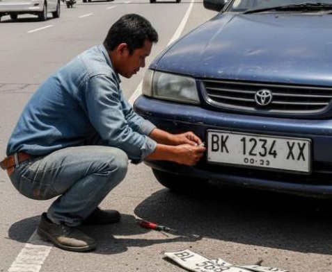 GANTI PLAT - Ilustrasi seseorang menggantilan plat kendaraannya di pinggir jalan. Gambar ini dibuat dengan AI Gemini pada Minggu (5/10/2025)