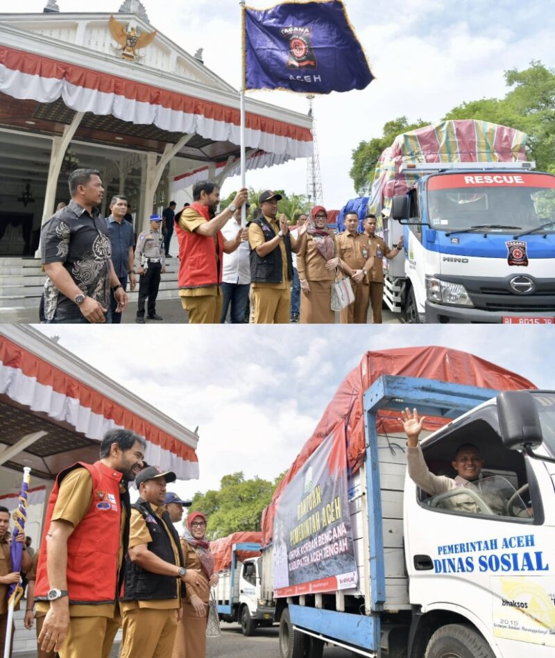 Gubernur Aceh H. Muzakir Manaf melepas truk Tagana yang membawa bantuan logistik bencana untuk 10 kabupaten/kota di Aceh, Selasa (18/11/2025). Foto: Dok. Istimewa