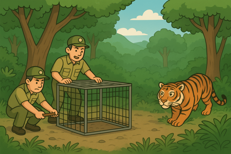 Ilustrasi Tim BKSDA lagi memasang box trap (kandang jebak) untuk Harimau di Dusun Sijudo. Dok. Chat GPT AI