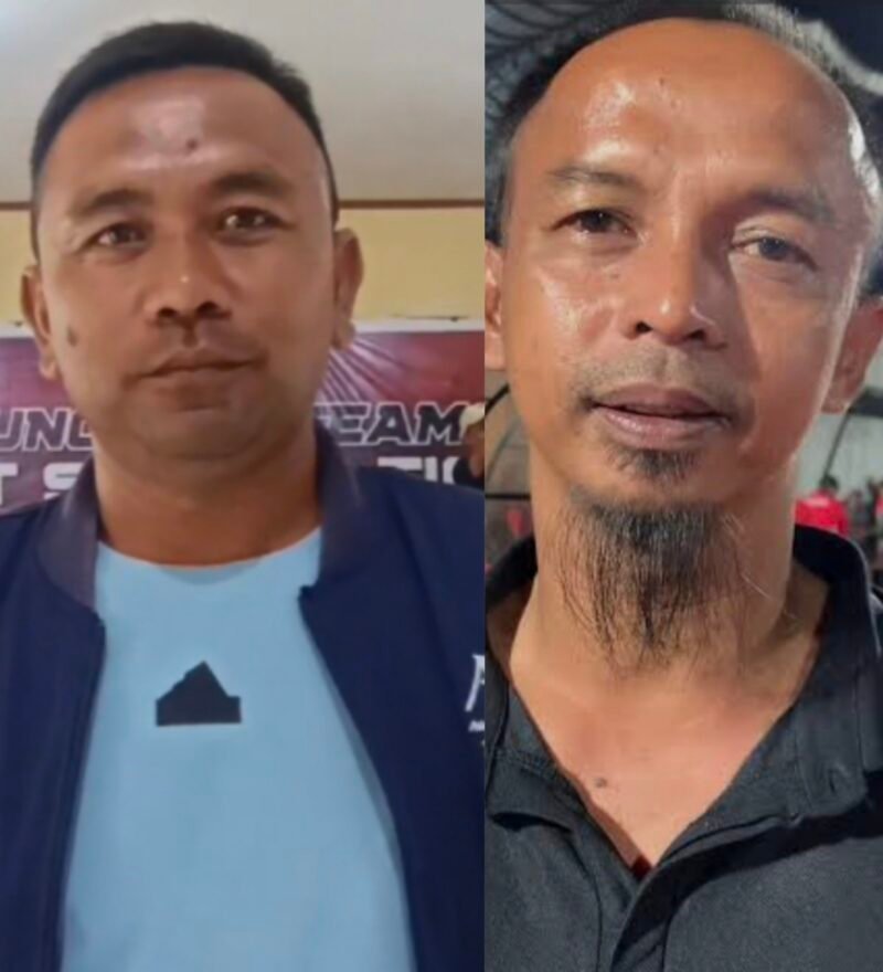 Pelatih PSST Fuadi sebelah kiri dan pelatih PSAP Sigli, Mukhlis Rasyid sebelah kanan.
