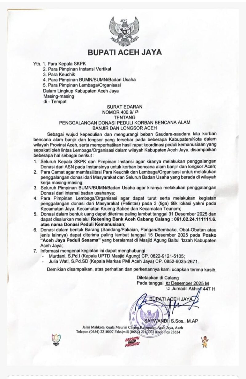 Surat Edaran Bupati Aceh Jaya Tentang Penggalangan Donasi untuk Korban Banjir dan Longsor Aceh, Selasa (2/12/2025). Foto: Dok. Pemkab Aceh Jaya