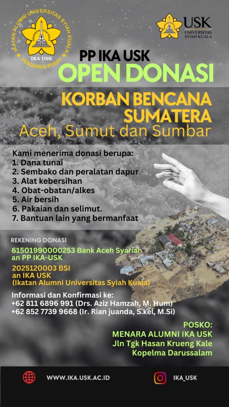 Ika USK membuka Posko Induk Donasi di Menara Alumni untuk membantu korban banjir dan longsor di Aceh, Sumut, dan Sumbar.
