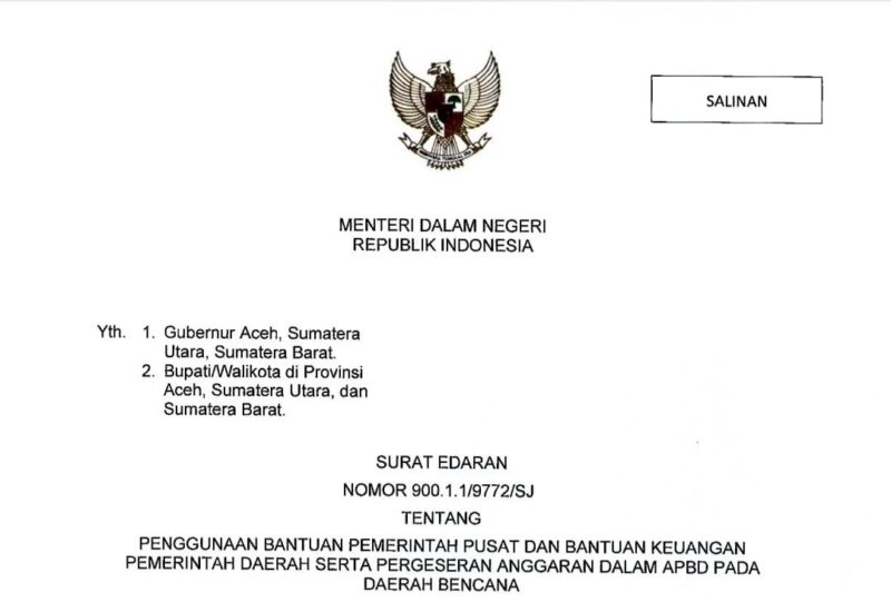 Salinan Surat Edaran (SE) Kemendagri Nomor 900.1.1/9772/SJ. Penggunaan Bantuan Keuangan dan Pergeseran Anggaran pada Daerah Bencana (Foto : Dok. NOA.co.id).