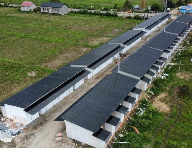 Sejumlah pekerja menyelesaikan pembangunan hunian sementara (huntara) bagi warga terdampak bencana banjir di Desa Manyang Cut, Kecamatan Meureudu, Kabupaten Pidie Jaya, Sabtu (17/1). (Foto : NOA.co.id/HO-BNPB).