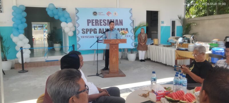 Pengelola Dapur MBG SPPG Alue Dama, Muhammad Haris saat peresmian SPPG Alue Dama, Sabtu (31/1/2026). Foto. Dok. Teukunizar/NOA.co.id