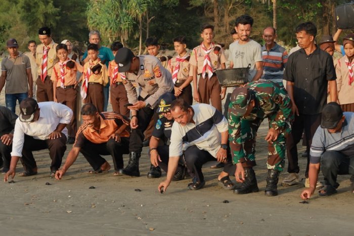 Asisten II Sekda Aceh Besar M. Ali, S.Sos., M.Si., bersama unsur terkait saat pelepasan tukik di Pantai Blang Mee, Kecamatan Lhoong, Aceh Besar, Jumat (30/1/2026). Foto: Dok. MC Aceh Besar
