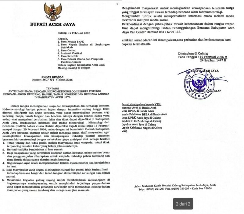 Screenshoot Surat Edaran Bupati Aceh Jaya terkait siaga bencana hidrometeorologi, 12 Februari 2026. Foto: Dok. Sanusi/NOA.co.id