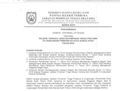 Pengumuman seleksi terbuka Jabatan Pimpinan Tinggi Pratama Tahun 2026. Foto: Dok. Diskominfo Kota Banda Aceh