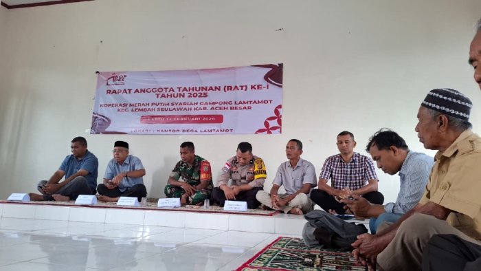 Rapat Anggota Tahunan (RAT) perdana Koperasi Merah Putih Syariah Gampong Lamtamot di Aula Kantor Keuchik, Lembah Seulawah, Aceh Besar, Sabtu (14/02/2026). Foto: Dok. MC Aceh Besar