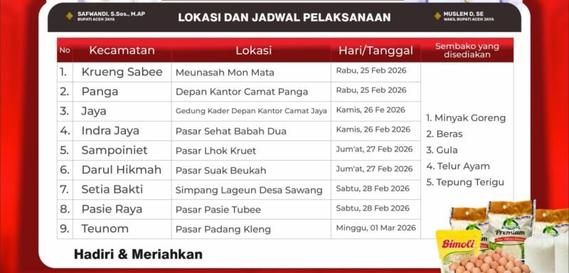 Informasi jadwal dan lokasi operasi pasar murah Pemerintah Kabupaten Aceh Jaya di sembilan kecamatan, yang dilaksanakan pada 25 Februari hingga 1 Maret 2026. Foto: Dok. Screenshot. Sanusi/NOA.co.id.