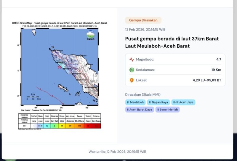 Tangkapan layar laman resmi BMKG yang menampilkan informasi gempa bumi bermagnitudo 4,7 berpusat di laut 37 km barat laut Meulaboh, Aceh Barat, Kamis (12/2/2026) malam. Foto: Dok. Screenshoot Sanusi/NOA.co.id