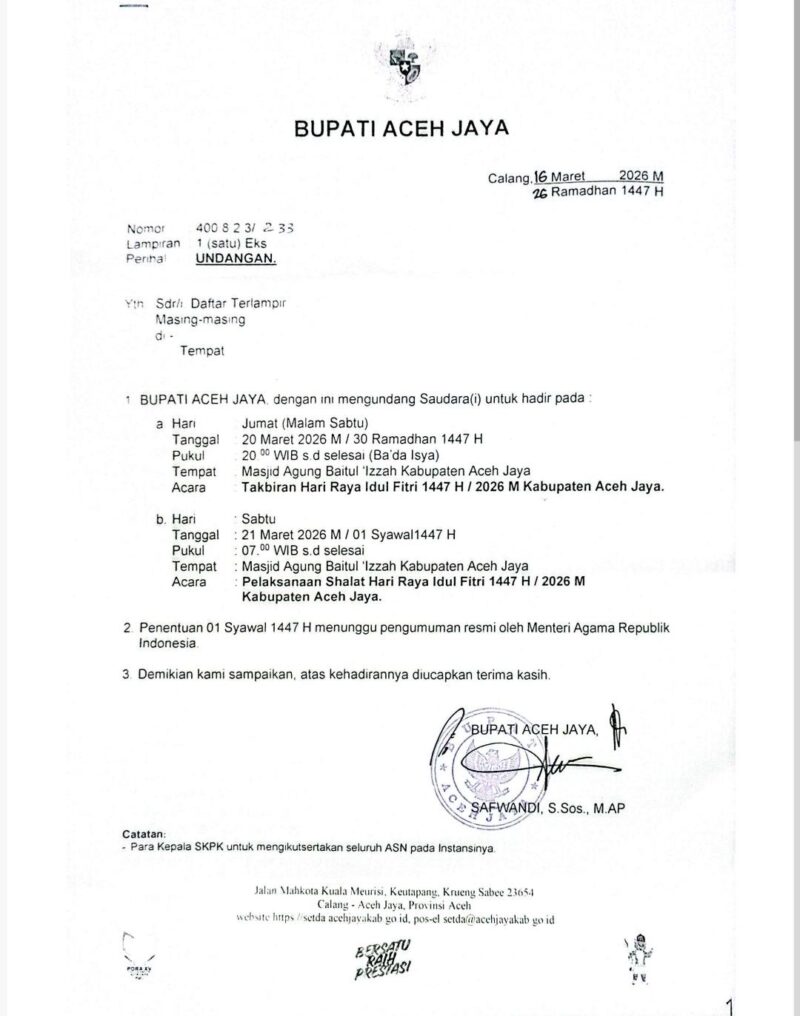 Surat undangan resmi Bupati Safwandi pelaksanaan takbiran dan Salat Hari Raya Idul Fitri 1447 H.  Foto: Dok. Screenshot. Sanusi/Noa.co.id