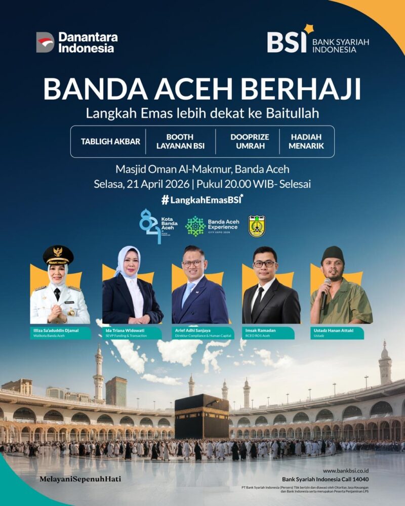 Poster kegiatan kajian bersama Ustadz Hanan Attaki dalam program “Banda Aceh Berhaji” yang akan digelar di Masjid Oman Al Makmur, Banda Aceh, Selasa (21/4/2026). Foto: Dok. Istimewa