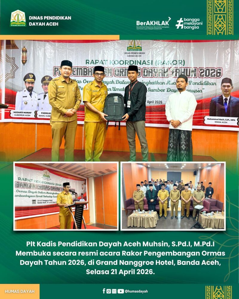 Dinas Pendidikan Dayah Aceh menggelar Rapat Koordinasi (Rakor) Pengembangan Ormas Dayah Tahun 2026 di Grand Nanggroe Hotel, Banda Aceh. Kegiatan ini dihadiri oleh unsur Dinas Pendidikan Dayah Aceh dan perwakilan organisasi masyarakat (ormas) dayah untuk membahas pengembangan serta penguatan peran ormas dayah dalam mendukung pendidikan dan pembinaan masyarakat. Rakor dilaksanakan sebagai wadah koordinasi, sinergi, dan penyusunan langkah strategis pengembangan Ormas Dayah Aceh tahun 2026, Selasa 21 April 2026.
