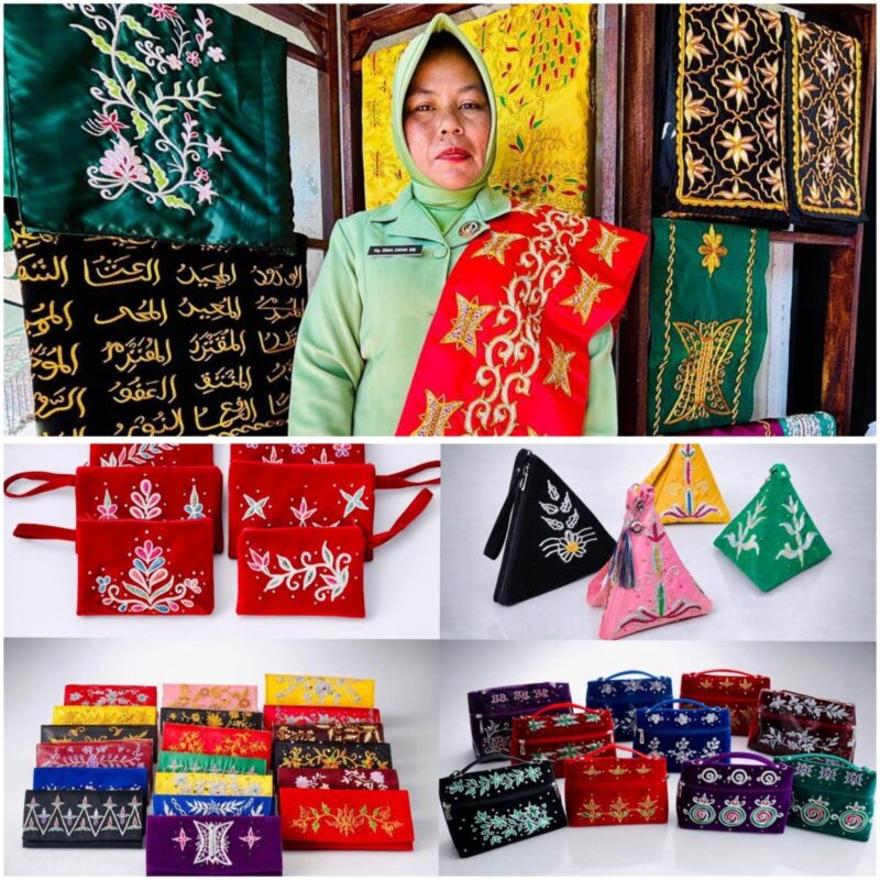 Ema Mutiara Deka dan Hasil kerajinan kasab produksi Mutiara Kasab yang dibuat oleh Ema bersama ibu-ibu desa di Aceh Barat. Foto: Dok. Istimewa 