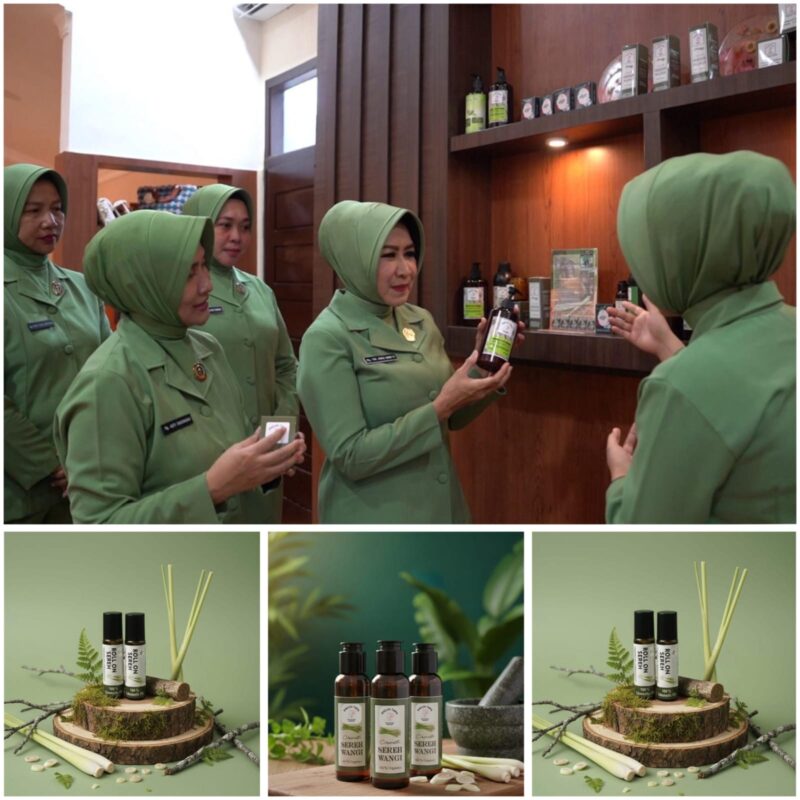 Ny. Sinar Hayani bersama tim menunjukkan produk unggulan berbahan sereh wangi yang akan dipamerkan pada Persit Bisa 2026 di Jakarta, Minggu (3/5/2026). Foto: Dok. Istimewa 