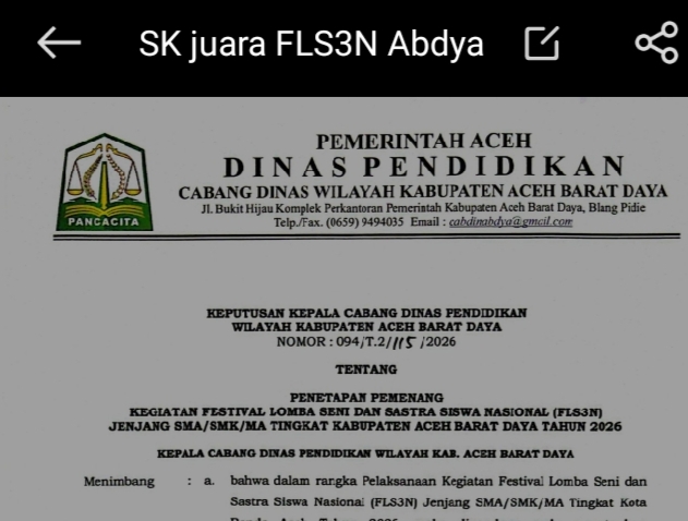SK pemenang FLS3N yang baru dikeluarkan. Foto. Dok. Teukunizar/NOA.co.id