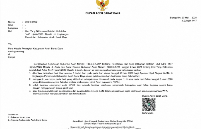Surat keputusan tambahan libur hari raya iduladha Pemkab Abdya. Foto. Dok. Teukunizar/NOA.co.id.