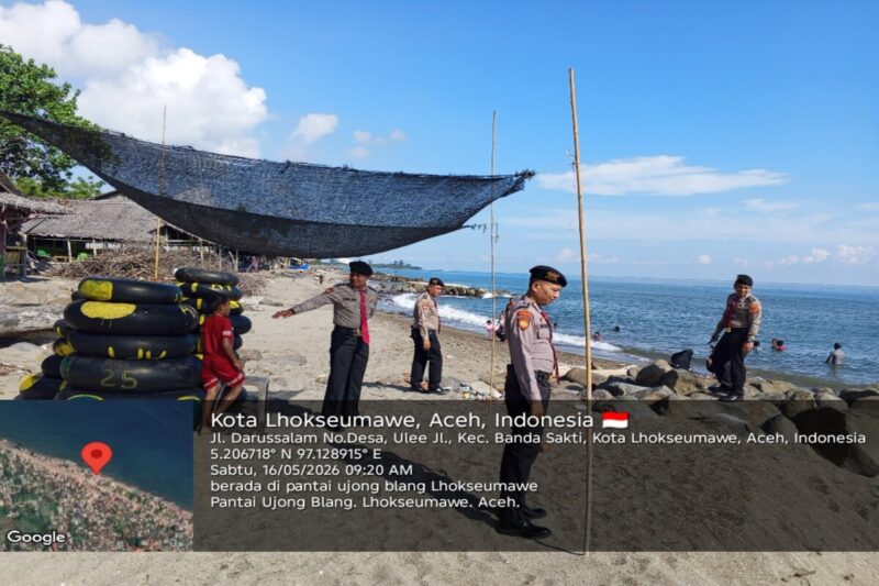 Personel Satuan Pengamanan Objek Vital (Sat Pamobvit) Polres Lhokseumawe melaksanakan pengamanan di sejumlah objek wisata dan hotel dalam wilayah hukum Polres Lhokseumawe, Sabtu (16/5/2026). Dok. Polres Lhokseumawe