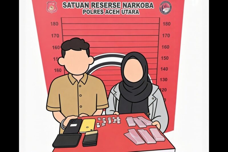 Kedua pelaku masing-masing berinisial AZ (26), seorang pria, dan SF (31), seorang ibu rumah tangga berhasil diciduk Satres Narkoba Polres Aceh Utara. Dok. Polres Aceh Utara