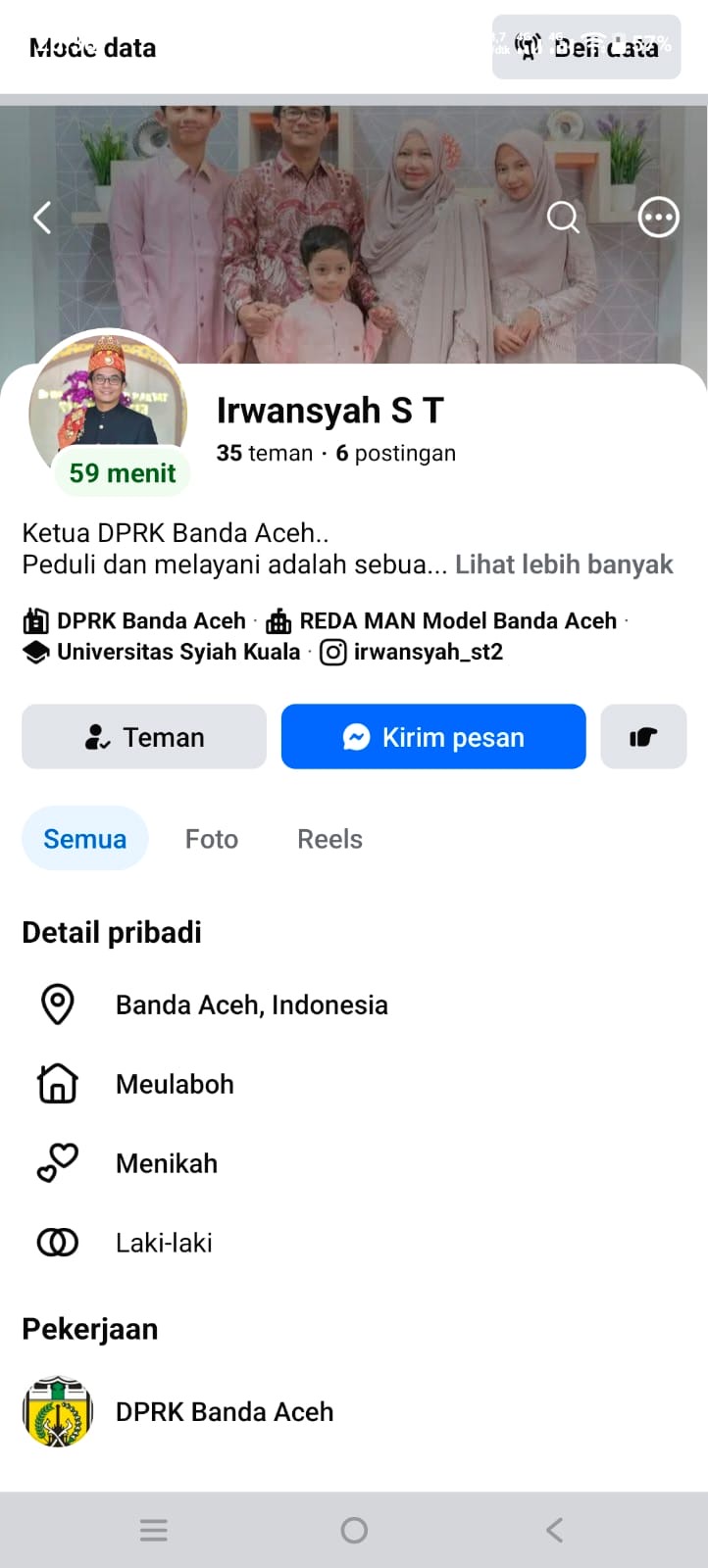 Screenshot akun media sosial palsu yang mencatut nama serta foto Ketua DPRK Banda Aceh, Irwansyah ST. Modus ini diduga digunakan untuk melakukan penipuan dan memperoleh data pribadi korban. Foto: Istimewa