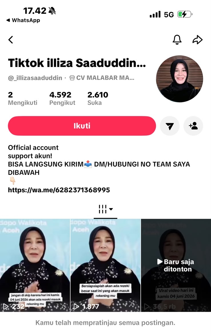 Screenshot akun TikTok palsu yang mencatut nama Wali Kota Banda Aceh untuk menyebarkan informasi hoaks terkait bantuan. Foto: Dok. Diskominfo Kota Banda Aceh