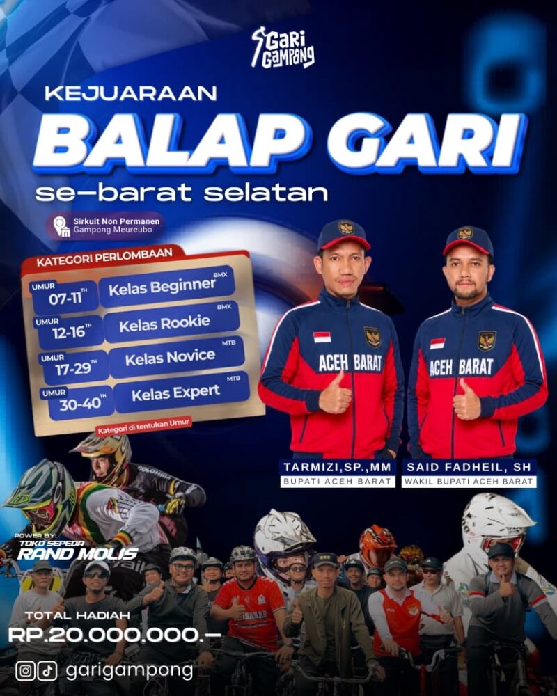 Kejuaraan Balap Gari Se-Barat Selatan Aceh akan mempertandingkan empat kategori usia dan menjadi bagian dari upaya menghidupkan kembali olahraga balap gari serta mengampanyekan gaya hidup sehat di kalangan generasi muda. Foto: Dok. Istimewa 