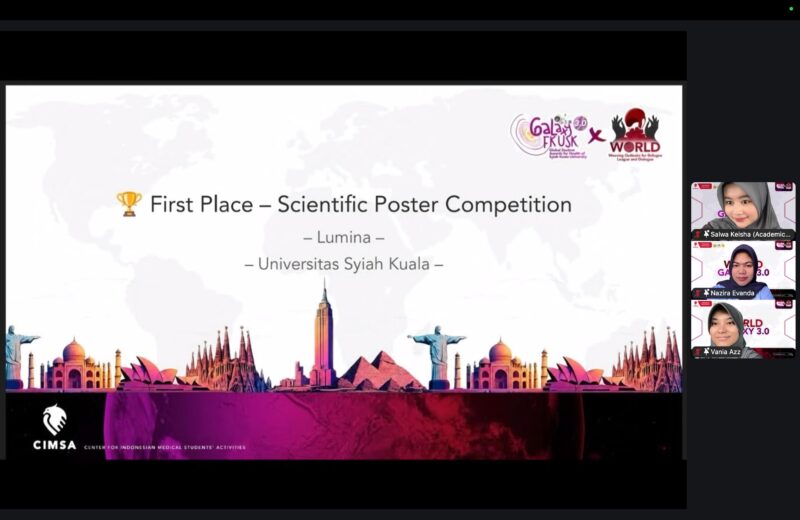 Tiga mahasiswa Fakultas Kedokteran (FK) Universitas Syiah Kuala (USK) mengukir prestasi di tingkat internasional setelah meraih Juara I (1st Winner) pada kategori Scientific Poster Competition dalam ajang WORLD (Global Student Awards for Health) X GALAXY 3.0. Foto. Dok. Teukunizar/noa.co.id