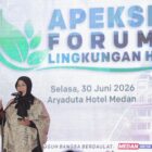 Wali Kota Banda Aceh, Illiza Sa’aduddin Djamal, menyampaikan sambutan pada Forum Lingkungan Hidup Rakernas XVIII APEKSI 2026 di Medan, Selasa (30/6/2026). Foto: Dok. Prokopim Kota Banda Aceh